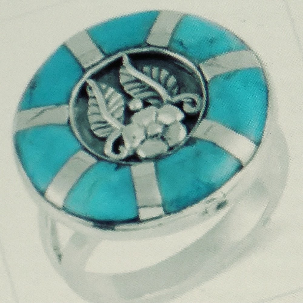 ⭐SANTA FE⭐                      MOJAVE TURQUOISE *INLAY* STERLING RING. SIZE-11 - Picture 7 of 12